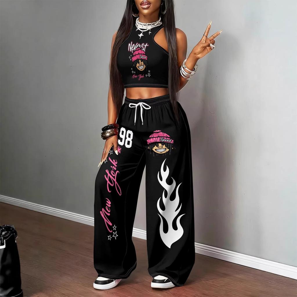 Trendige Marke Streetstyle Kontrastfarben Bedruckte Weste Weitbeinige Hosen Set Lässig Spice Girl Stil Dünnes Zweiteiler Set