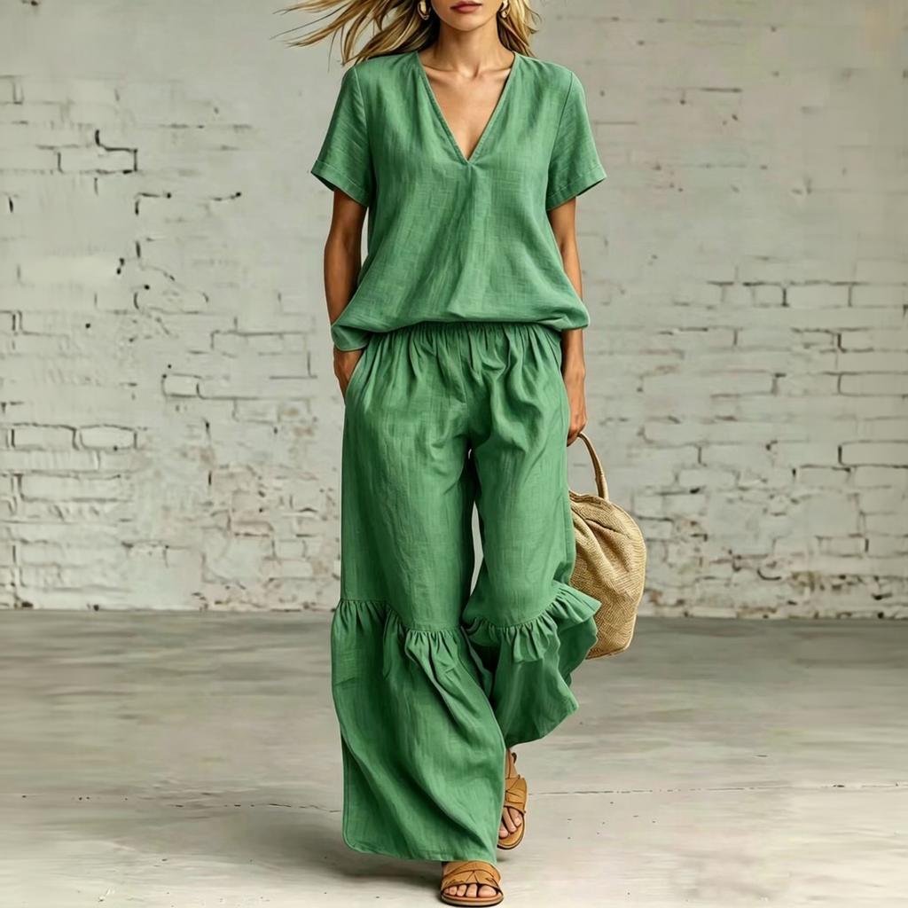 Women's V-Neck Short Sleeve Loose Fit Top and Casual Pants 2-Piece Set Color Outfit