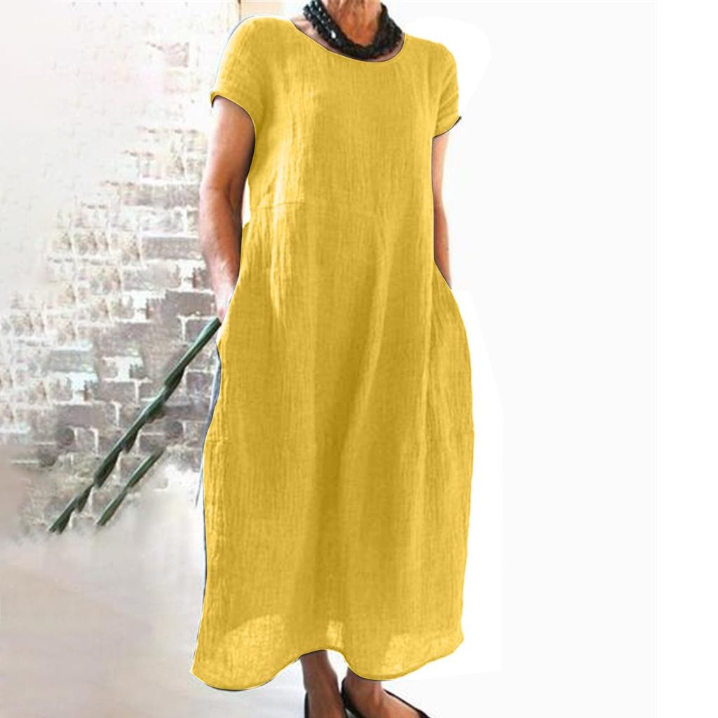 Women's Summer Fashion Casual Solid Color Short-sleeved Round Neck Pocket Loose Cotton And Linen Dress