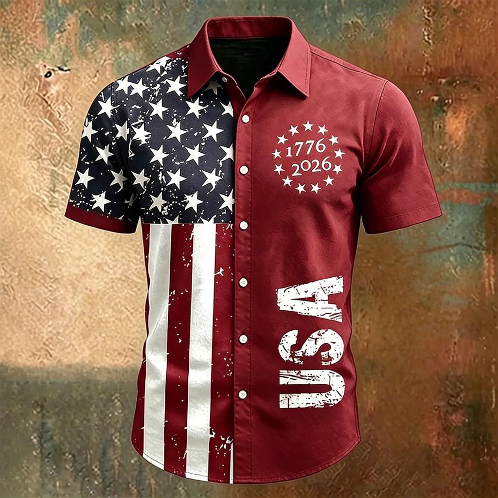 Men's Short Sleeve Collared Casual Shirt with USA Letter Print and Independence Day Theme Button Down Design for Spring Summer