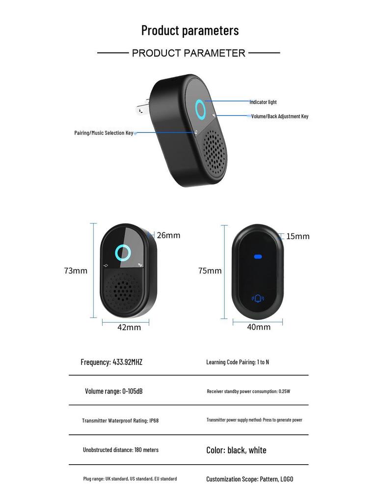 Новий бездротовий дверний дзвінок з живленням від енергії руху, висока гучність 433 МГц для складу або вулиці біля вілли