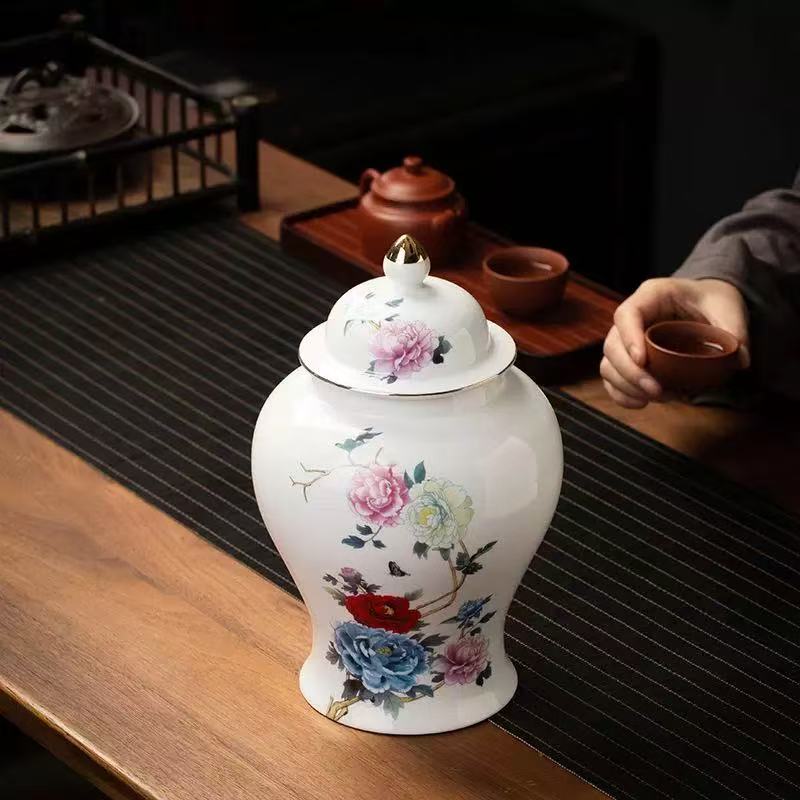 European Style Ceramic Tea Caddy Painted Flower Seal Candy Jar Home Multifunctional Coffee Beans Nut Medicinal Herbs Storage Jar