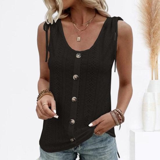 

U-Neck Sleeveless Vest Drawstring Buttons Decor Thin Women Solid Color Hollow Camisole