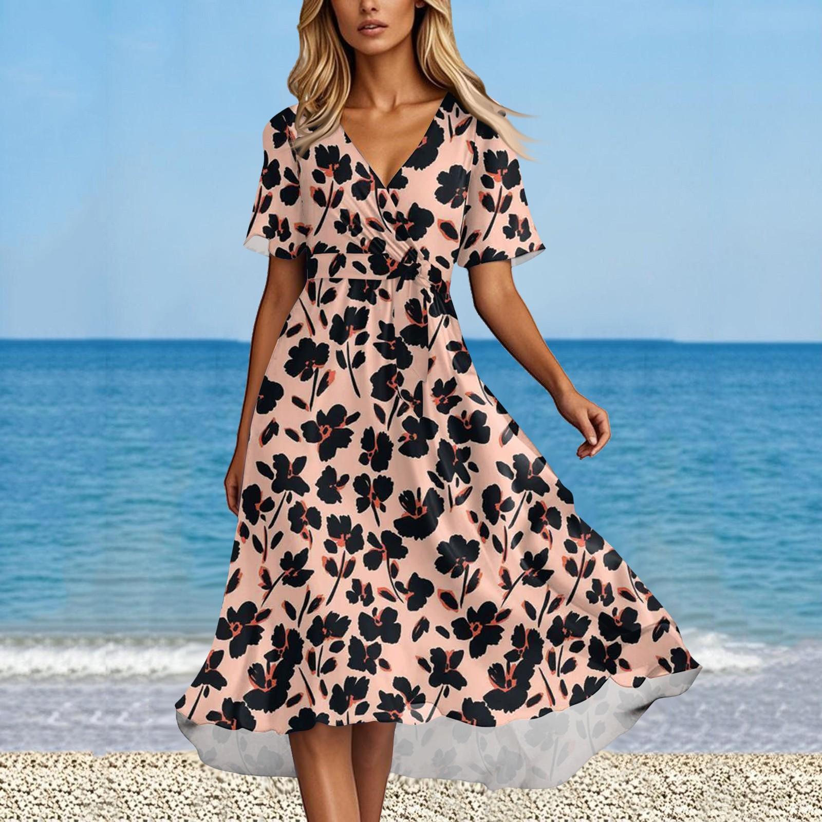 

Женское летнее модное расклешенное платье с V-образным вырезом и короткими рукавами с цветочным принтом XL
