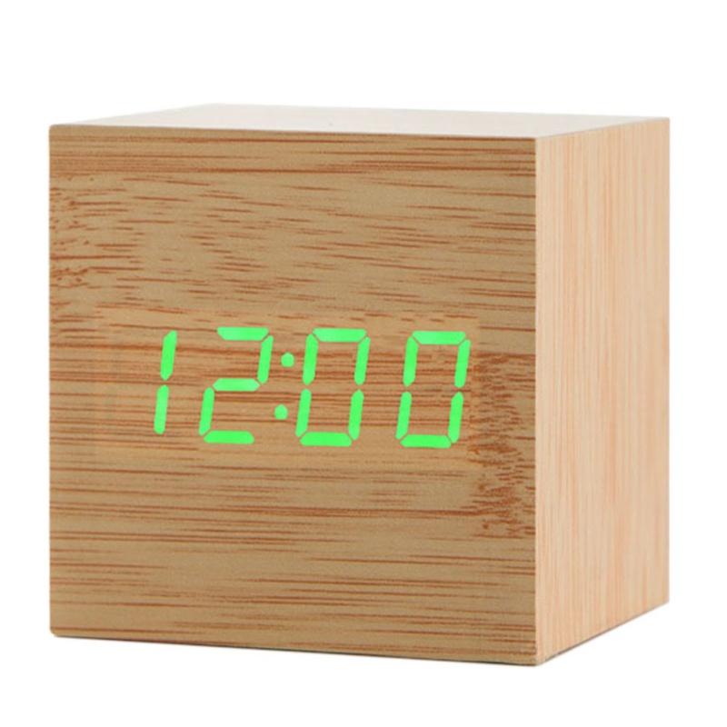 

Wooden Digital Alarm Clock LED Light Multifunctional Modern Cube Displays Date Temperature for Home Office Bamboo wood green word#0