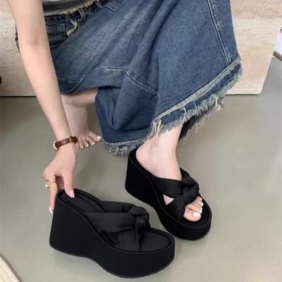 9cm platåkil öppen tå tofflor sommar rund tå svart korsrem strand sandaler flip-flops chunky slides baklösa skor