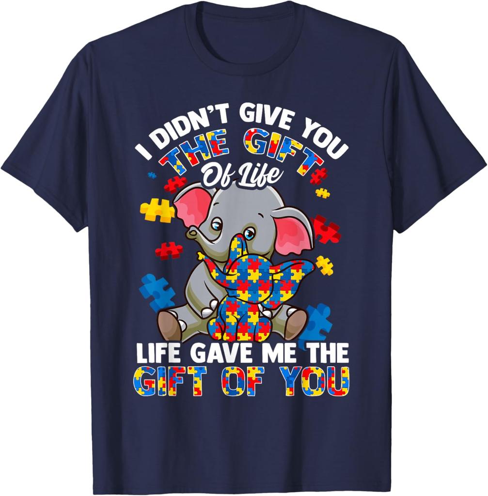 Elephant Autism Awareness Gift Of Life Graphic Tee Men Casual Short Sleeve T-Shirt
