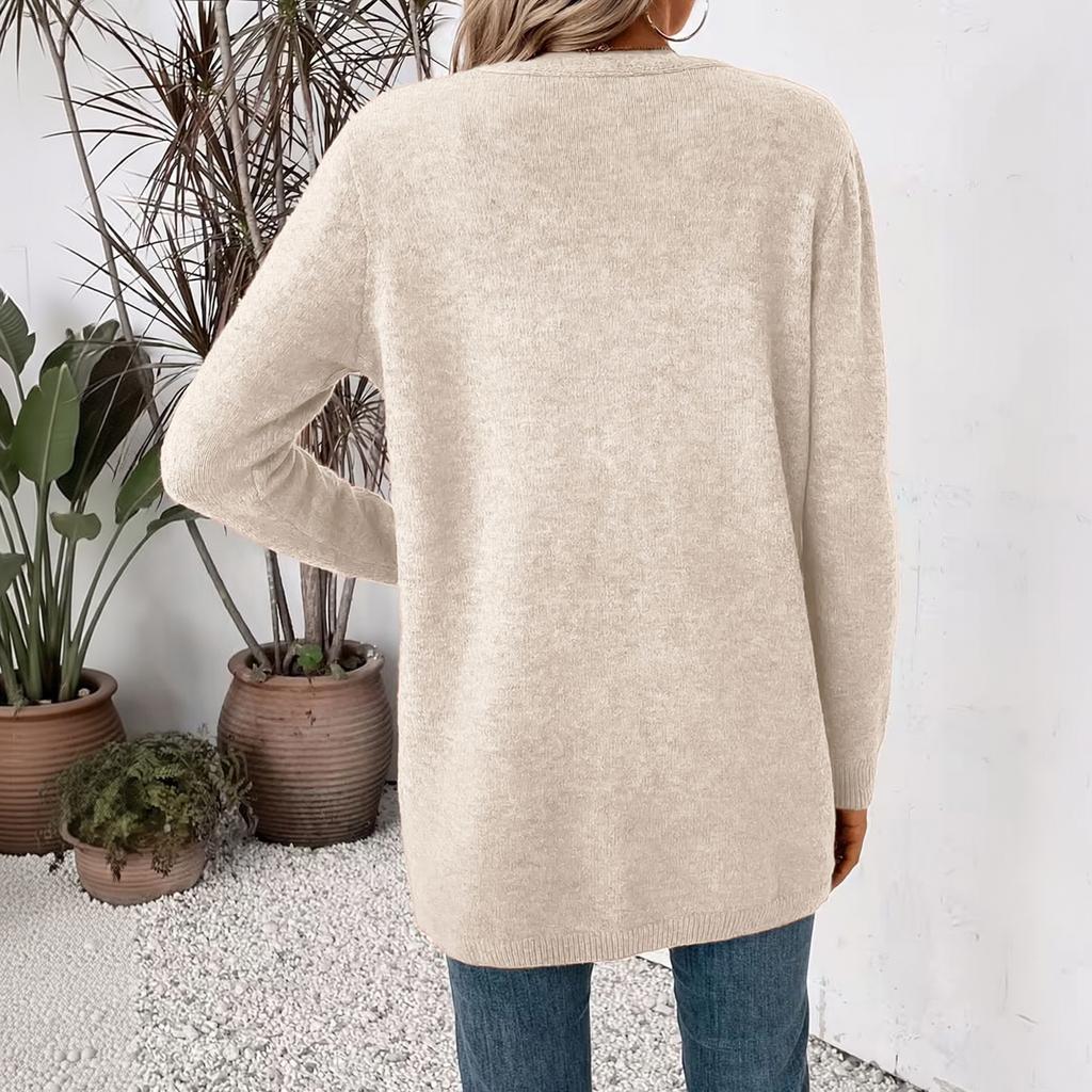 Women's Loose Fit Color Knit Cardigan with Pockets - Mid-Length Sweater for Daily Wear