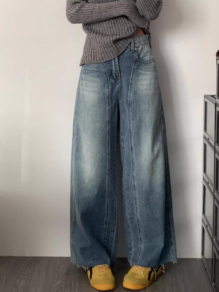 Printed Denim Jeans, Loose Fit, Versatile Wide-leg Pants