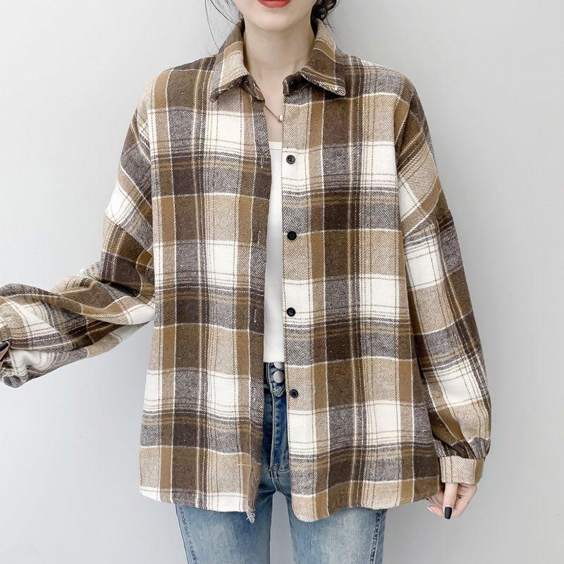 

Women s Thickened Brushed Plaid Shirt: Loose-Fit Korean Style, Slimming Long Sleeve Blouse for Autumn and Spring. M for 105-115 lbs