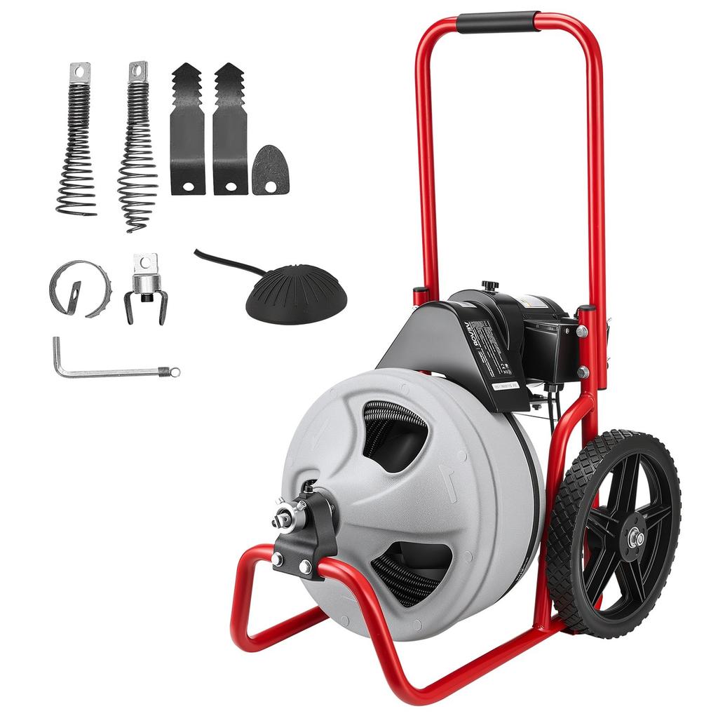 Drain Cleaner Machine 22m x 9.5mm, Sewer Snake Auger Manual Feed on Wheels, Portable Drain Cleaning Machine with 6 Cutters & Air-activated Foot Switch