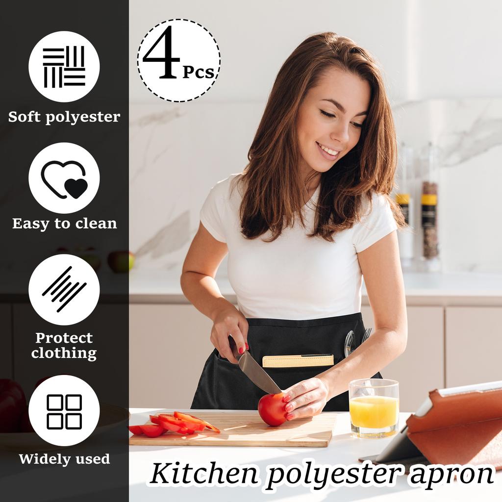 2/4Pcs Server Apron Water Oil Stain Resistant Women and Man Waiter Black Waist Aprons With 3 Pocket for Restaurant Coffe Cooking