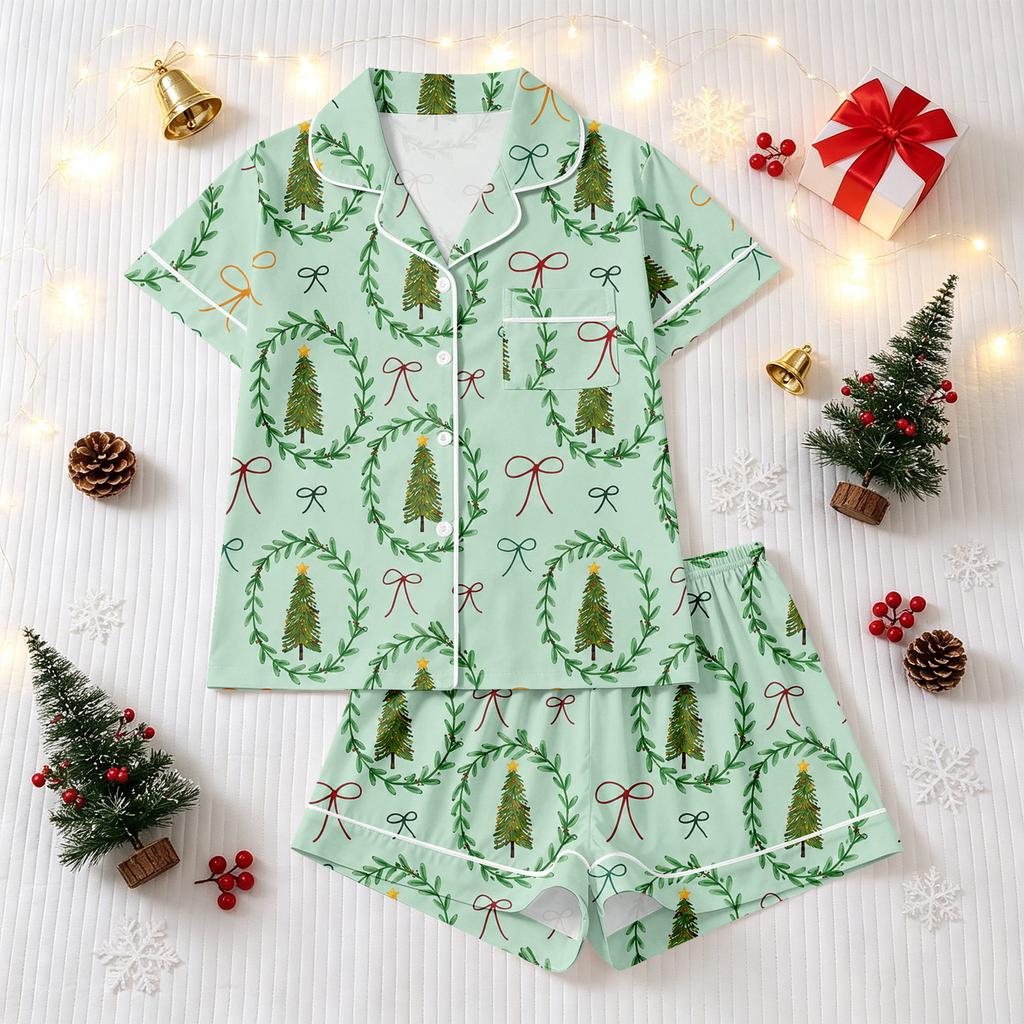 Women's Christmas Pajama Set Short Sleeve Button Down Shirt and Shorts Sleepwear