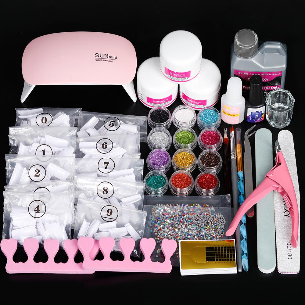 PHOENIXY Acrylic Nail Kit with Nail Lamp Acrylic Nail Art Tips Powder Liquid Brush Glitter Clipper File Set Kit Nail Art Tool Set