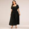 Women Plus Size Summer Dress Long A Line High Waist Square Collar Bubble Sleeves Dot Print XL 4XL