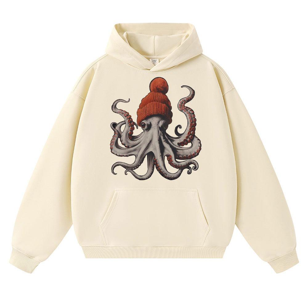 Bere Takmış Komik Ahtapot Grafik Kapüşonlu Sweatshirt Erkek Kadın Moda 90lar Vintage Uzun Kollu Oversize Polar Sweatshirt