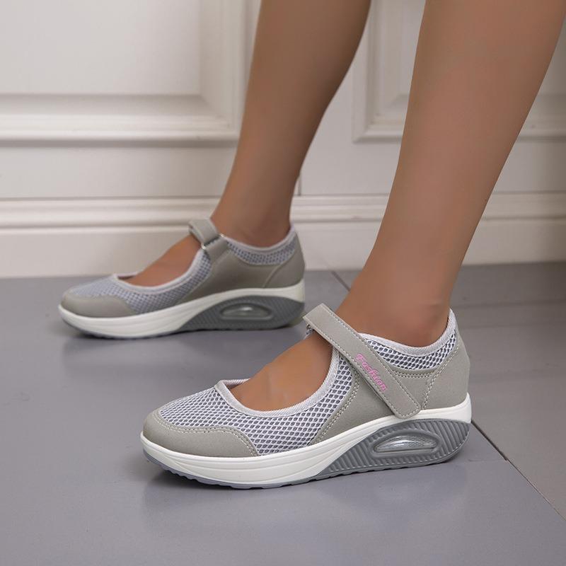 Spring and Summer Fly-woven New Mesh Hollowed-out Wedge Heel Velcro Muffin Rocking Shoes Casual Shallow Mouth Single Shoes Women