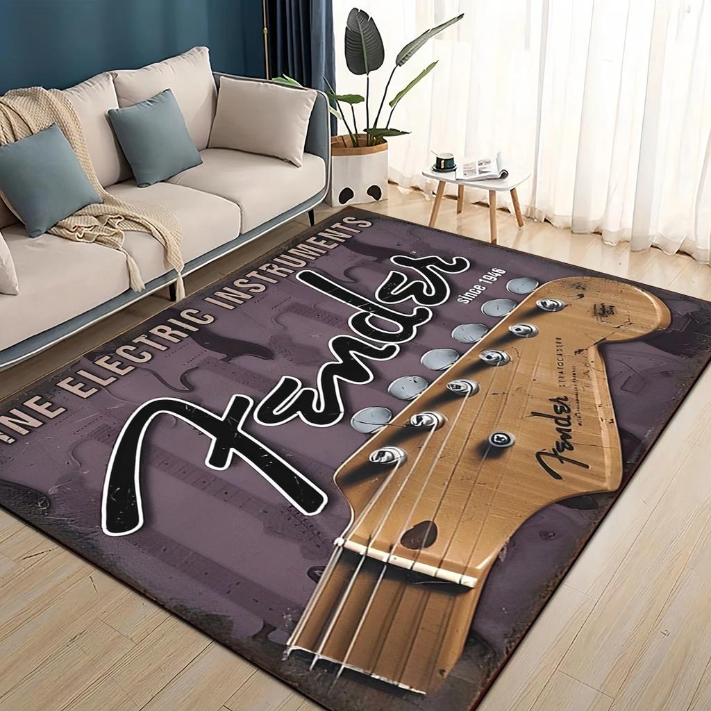 Alfombra 3D Retro con logo Fender para Instrumentos de Guitarra Música para Sala de Estar Dormitorio Hogar Decoración de Sofá, Alfombra de Piso Antideslizante para Niños