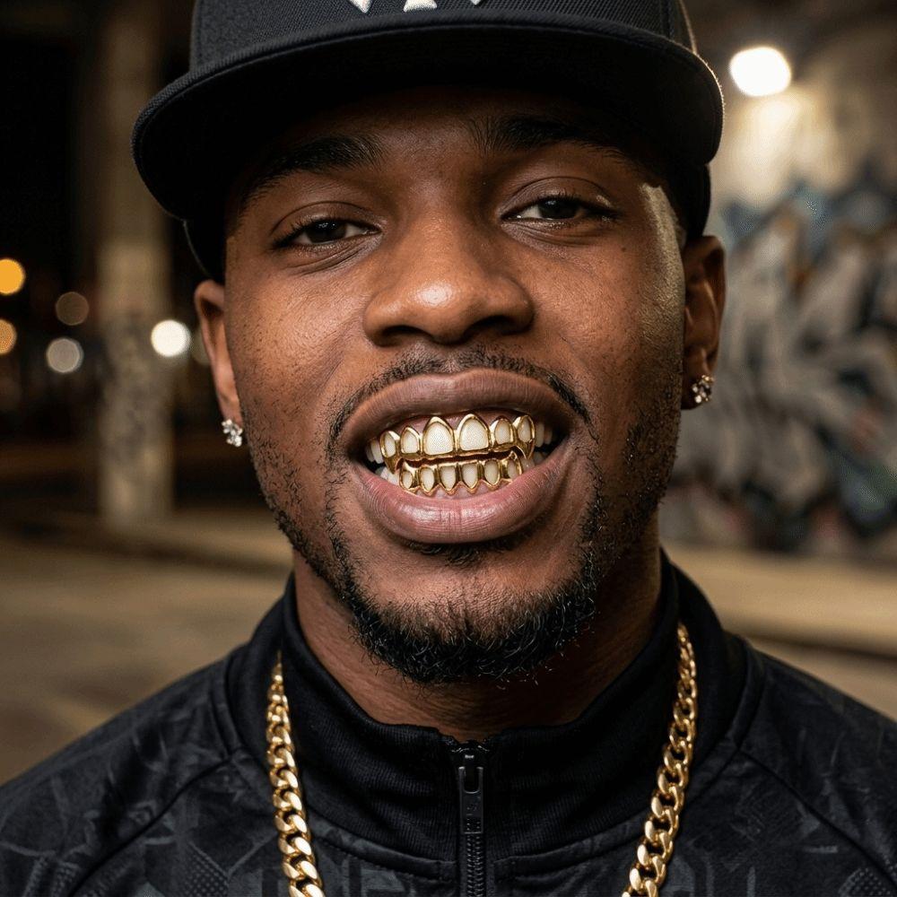 Eco-friendly Copper Hollow Teeth Grillz Top Bottom Set Anti Slip Teeth Jewelry Rapper