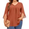 Women's Solid Color V-neck Plus Size Tops 3/4 Sleeves Elegant Shirt Tops