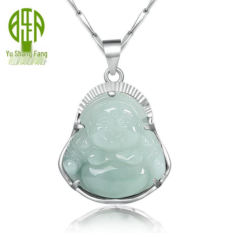 S925 Sterling Silver Jadeite Maitreya Buddha Pendant Necklace - Smiling Face Jade Buddha