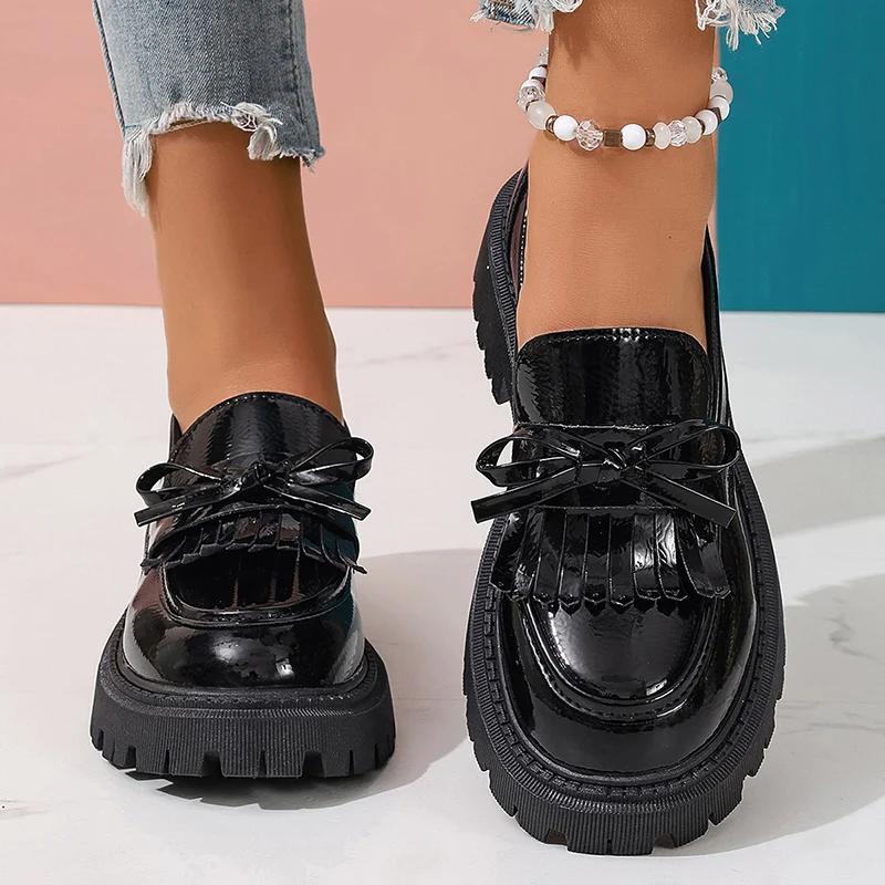 British Style Patent Leather Loafers For Women  Spring Slip On Platform Shoes Woman Bowknot Thick Bottom Student Shoes 42