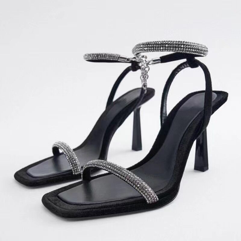 Fashion Diamond high-heeled sandals for women's summer new style square toe exposed temperament European and American one-piece sandals