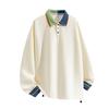 Men's Oversized Color Block Collar Long Sleeve Polo Shirt, Drawstring Hem Casual Top with Contrast Buttons, Streetwear Sweatshirt