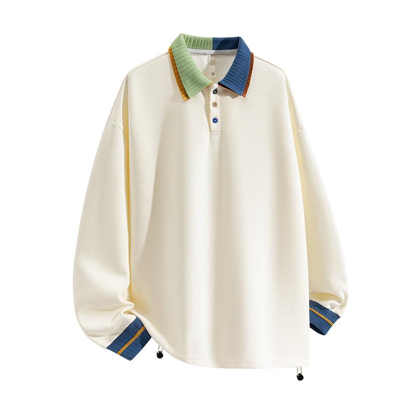 Men's Oversized Color Block Collar Long Sleeve Polo Shirt, Drawstring Hem Casual Top with Contrast Buttons, Streetwear Sweatshirt