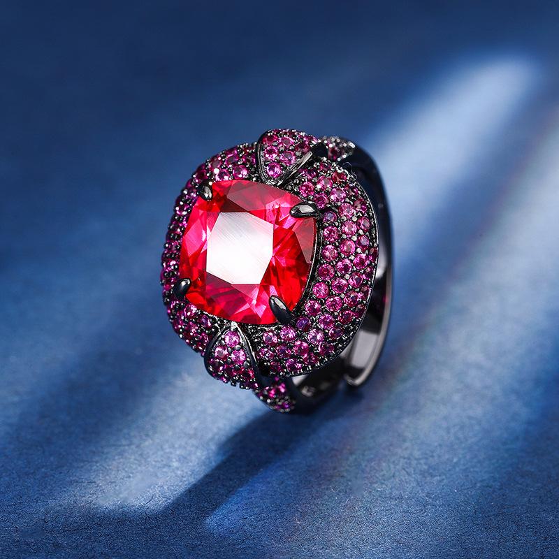 Jewelry Copper Bottom Gold-Plated Simulation Corundum Fat Square Black Gold Personalized Ring Female 10 * 10