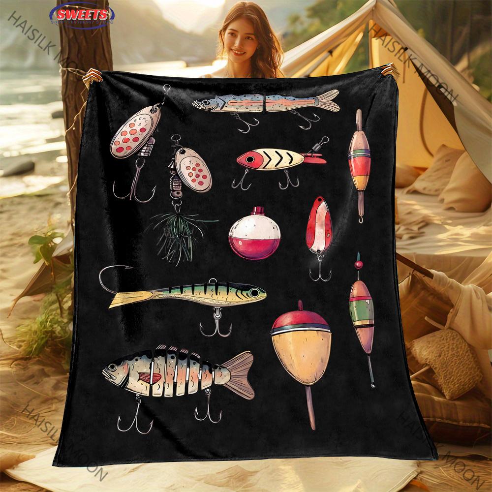 Fishing Lovers Blanket, Hook Bait Printed Soft Fuzzy Cozy Blanket for Couch Sofa Bed Lounging, Ideal Gifts for Son Husband Dad