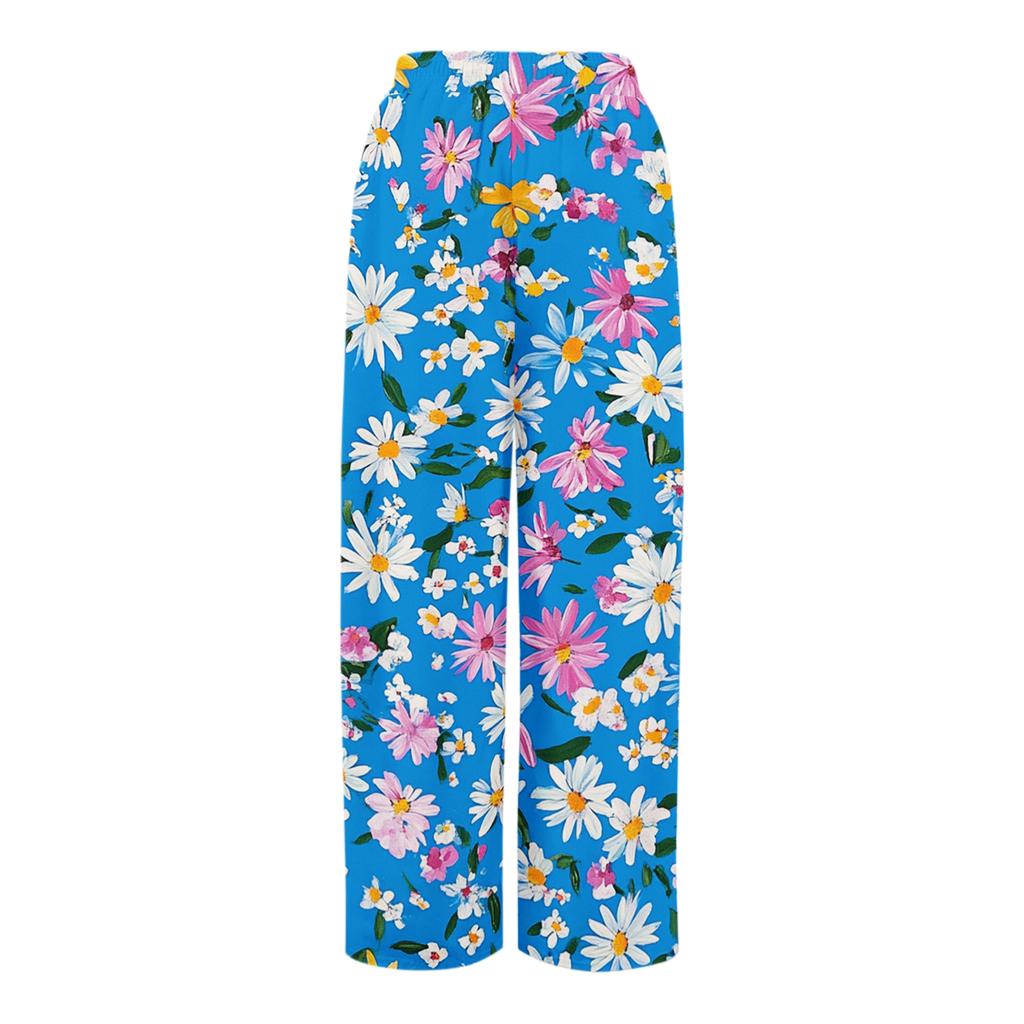 Women's Loose Casual Floral Print Wide Leg Pants With Elastic Waist Drawstring And Pocket Pants