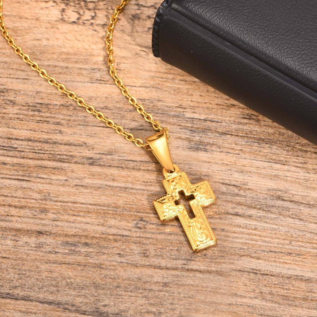 Gold Color Embossed Cross Necklaces for Men Women,Simple Cutout Unisex Catholic Cross Pendant,Christian Religious Jewelry Gifts