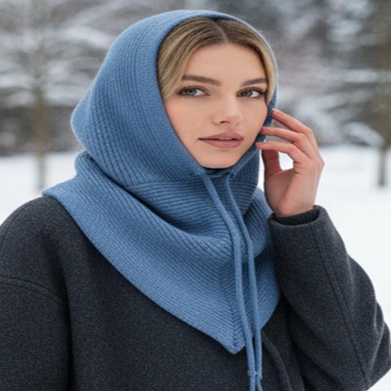 Thicken Knit Balaclava Knitted Shawl Drawstring Thicken Neck Warmer Knit Scarf for Cold Weather Insulated Hat