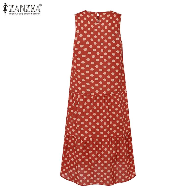 ZANZEA Women Casual O-neck Sleeveless Polka Dot Print Long Dress