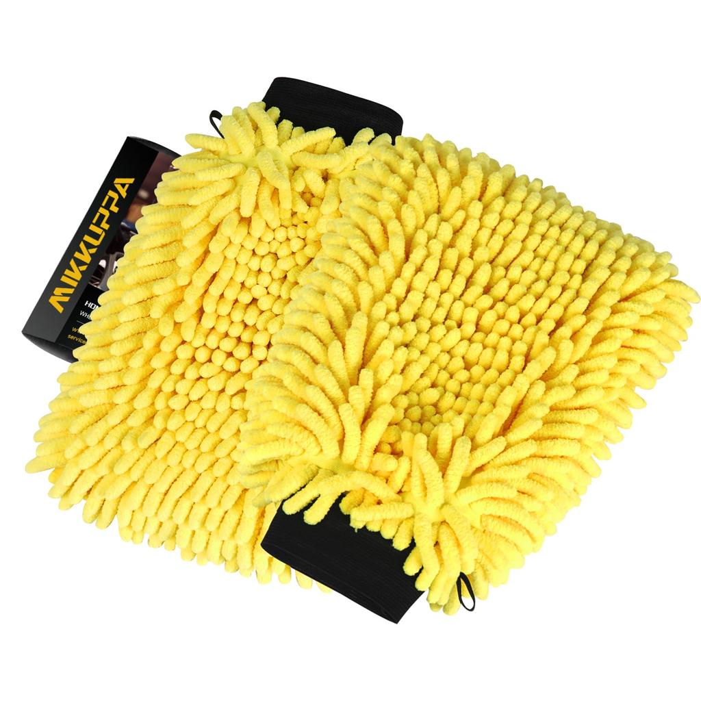 MIKKUPPA Chenille Car Wash Microfiber Car Wash Car Wash x 18 Car Wash Cleaning Car Wash Set of 2 Mitt, Gloves, Sponge, Yellow, 2-Pack (25 cm), Mop,