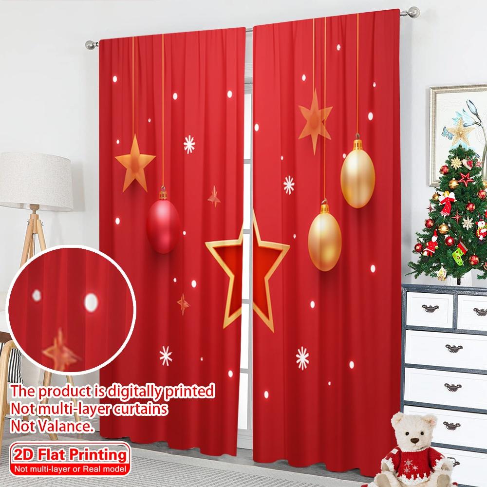 2pcs 2D Flat Printing Merry Christmas Window Curtains Christmas Red Star Snowflakes 100% Polyester Fabric Without Electricity