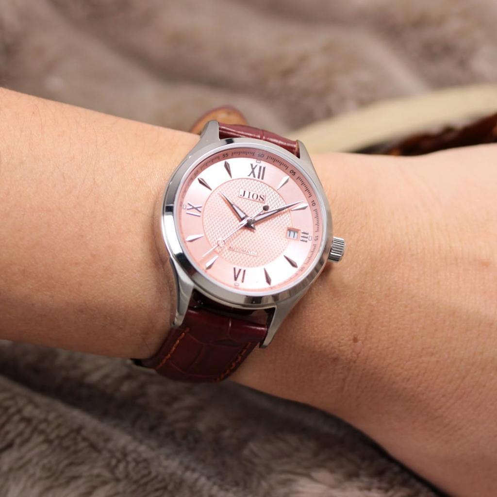 JIOS Automatic Made in with Genuine Leather Strap and Sapphire Crystal Salmon with Brown Crocodile Embossed Men's Watch, Japan, (Biwamasu Strap)