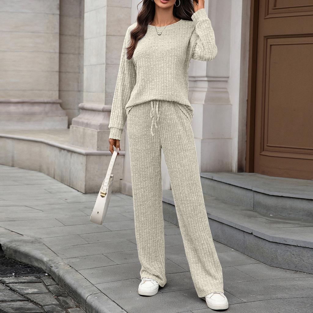 Women's Fashionable And Comfortable Round Neck Knit Long Sleeve Brushed Pants Loungewear Set