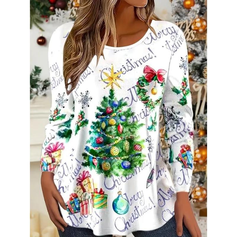 Women's Christmas Tunic 3/4 Sleeve Christmas Tree Print Casual Stretchy Red White Snowflake Crew Neck Festive Winter Wear 