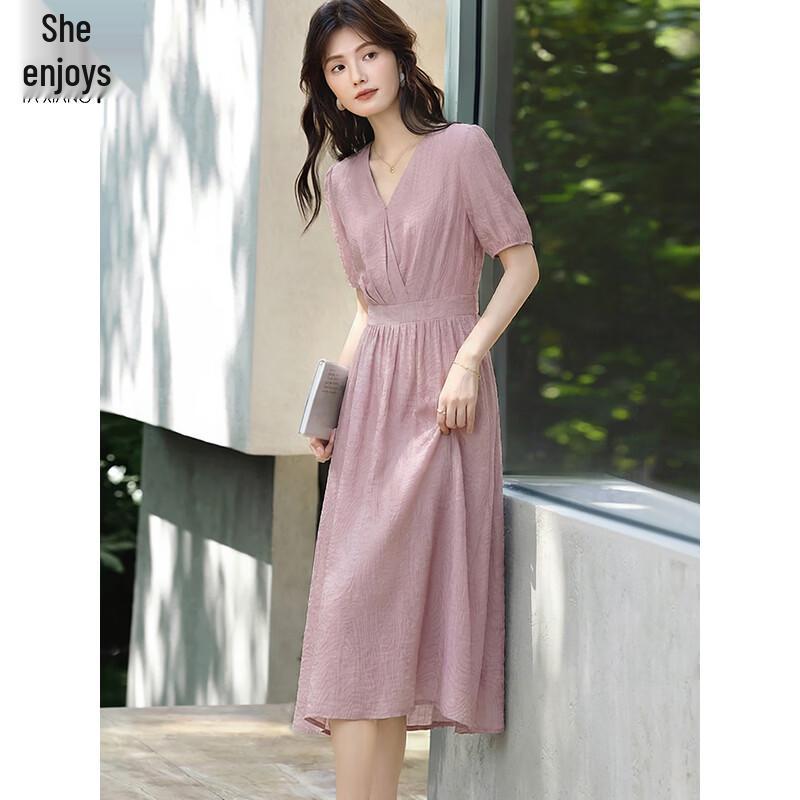 Women s Lyocell V-neck Short Sleeve A-line Midi Dress M