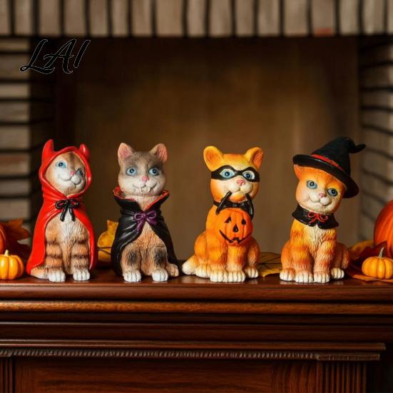Little Red Riding Hood Cat Halloween Figurine Resin Miniature Statue Desktop Animal Ornaments Wizard Statue with Witch Hat/Cloak/Pumpkin Lamp Design