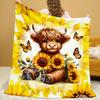 Cozy Sunflower Highland Cow Flannel Throw Blanket Soft Warm And Reversible for Couch Bed Travel Perfect Gift