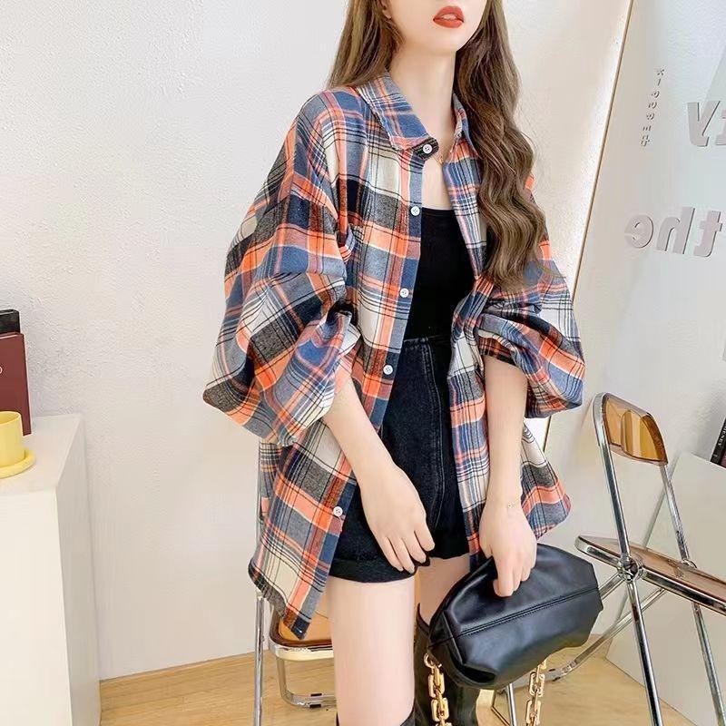 Women's Oversized Mid-Length Plaid Wool Shirt Jacket - Hong Kong Style, Autumn/Spring Trend