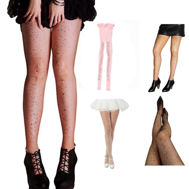 Sexy Sparkly Fishnets Stockings Colorful Jeweled High Waist Fishnet Tights for Women Rhinestones Party Pantyhose
