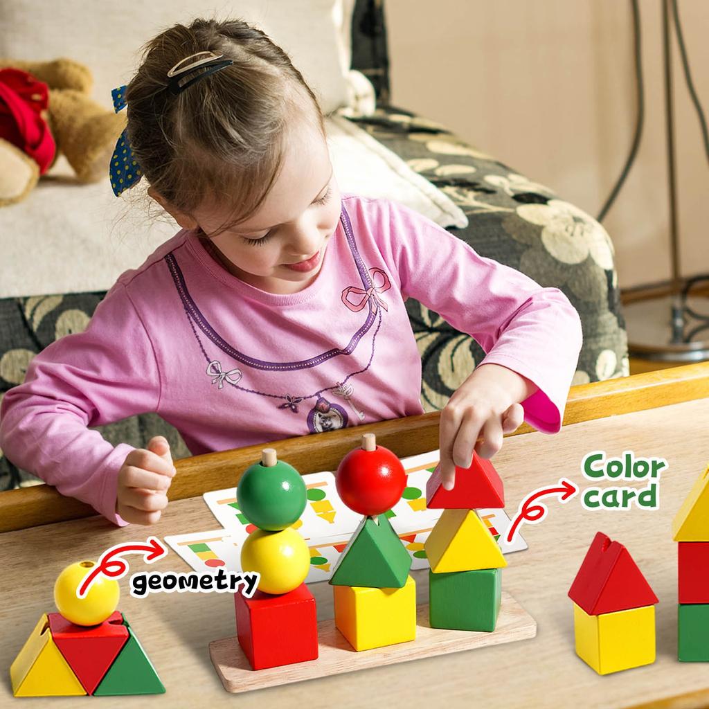 Wooden Building Block Toy, Geometric Shape Color Matching Set Of Posts With Cards
