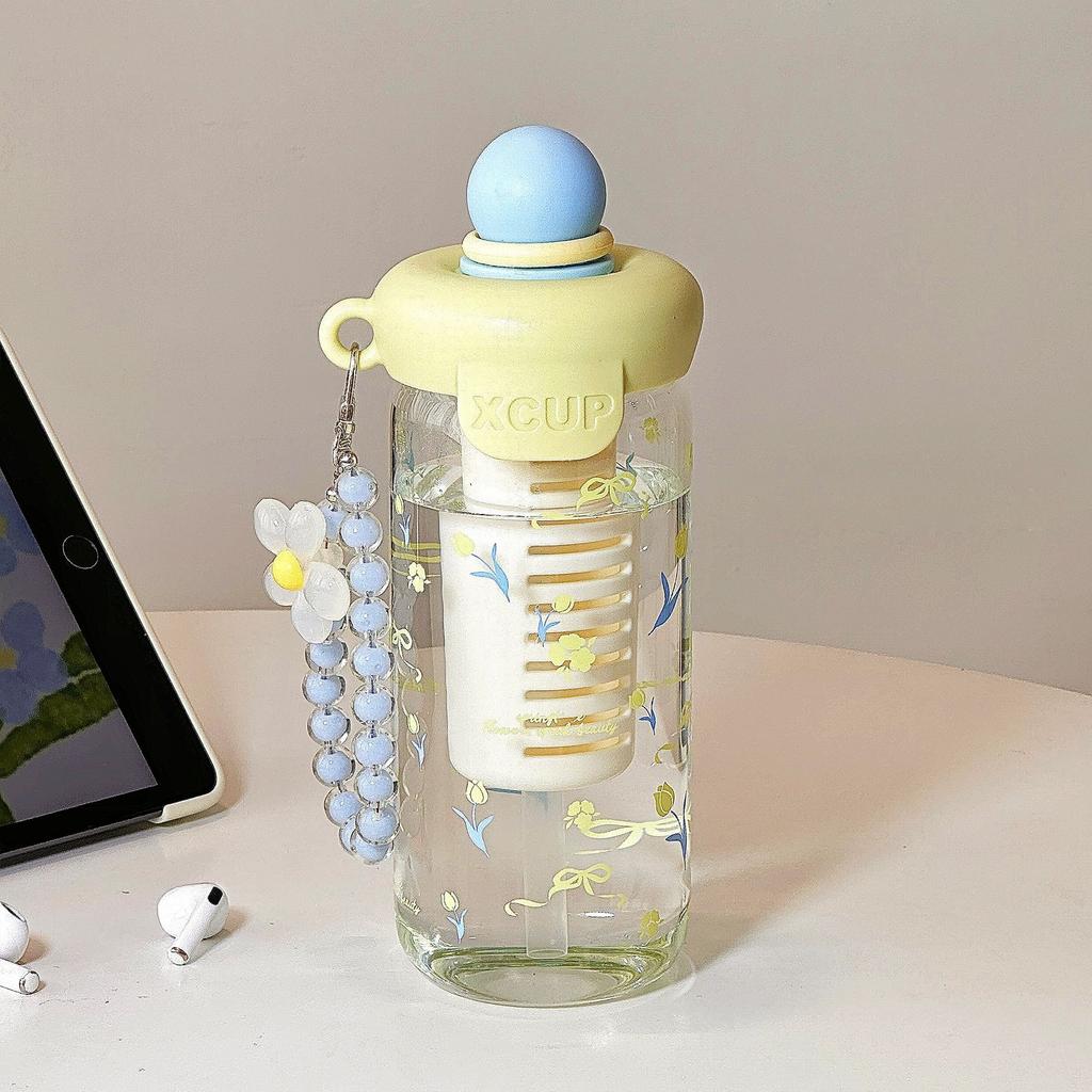 Straw Cup Student Vacuum High Value Flower Tea Cartoon Cup Portable Straw Glass Large Capacity Summer Cup