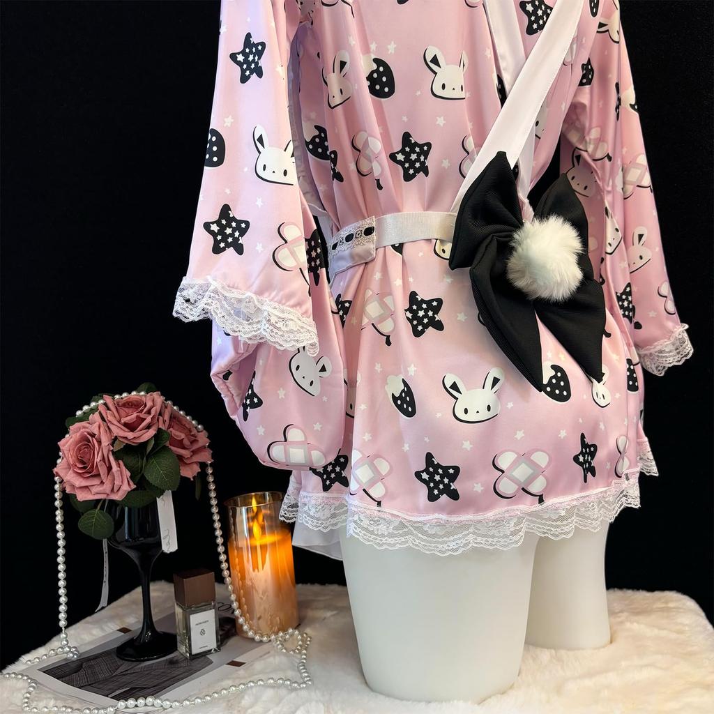 set Japanese sexy costume apron rabbit style Pink rabbit pattern Open front design One size fits most Adult lingerie for photoshoots costume Japanese