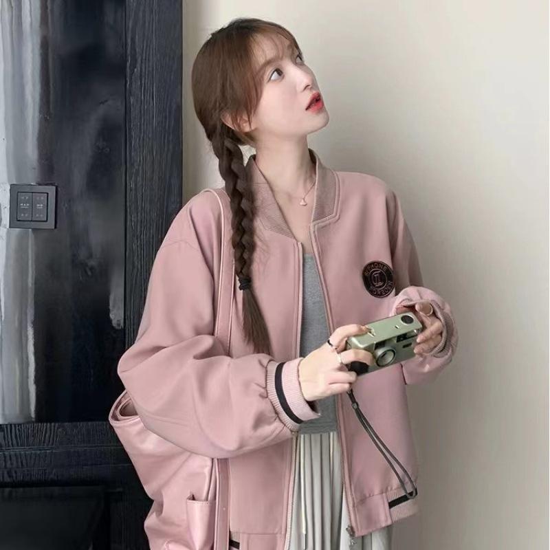 Women's Pink College Style Baseball Jacket - Chic Petite Spring/Autumn Trend
