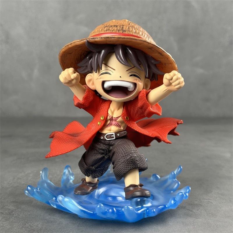 16Cm One Piece Luffy Childhood Figure Shuiyue Style Laughing Expression Blue Water Effect Base Pvc Anime Desk Decor Gift For Fan